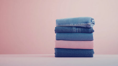 A neatly folded stack of stylish jeans in varying shades, set against a soft pink background, perfect for fashion inspiration, lifestyle projects, or home decor themes.の素材