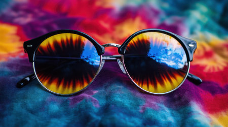 A pair of stylish round sunglasses resting on a colorful tie-dye background. The lenses reflect vibrant patterns and blue skies, evoking summer vibes.の素材
