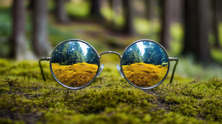 This captivating image showcases round sunglasses reflecting a picturesque forest meadow filled with golden hues, symbolizing nature's beauty and serenity.の素材