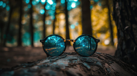 A pair of trendy round sunglasses rests on a log in a serene forest. The reflective lenses capture the surrounding nature, creating a peaceful scene filled with warmth and color.の素材