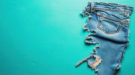 This image features a torn piece of denim fabric set against a vibrant turquoise background, perfect for showcasing fashion details and textile creativity.の素材