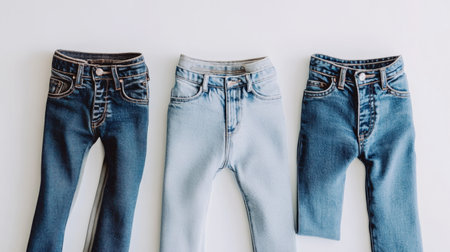 A visually appealing display of three distinct pairs of denim jeans featuring various shades of blue and fits, perfect for any fashion enthusiast looking to upgrade their wardrobe.の素材