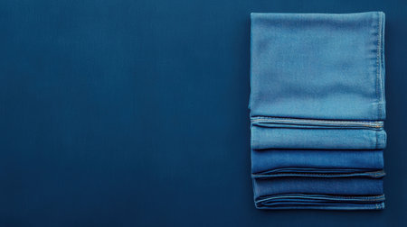 Neatly folded denim fabric in various shades of blue lies on a dark blue background, creating a visually appealing composition ideal for fashion, textile design, or creative projects.の素材