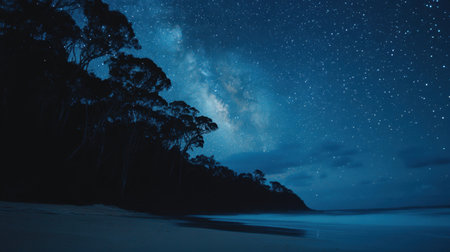Stunning night view featuring a vibrant Milky Way over a tranquil ocean. Silhouetted trees frame the beautiful scene, capturing natureの素材