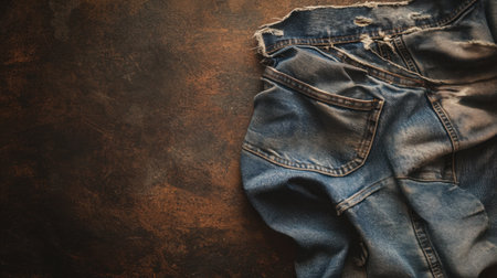 A visually captivating image of distressed blue denim jeans delicately placed on a rustic textured background, showcasing style and versatility in fashion.の素材