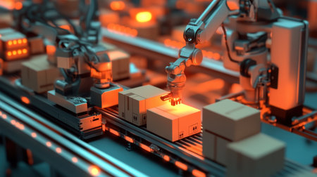 This image showcases a modern warehouse scene with robotic arms actively working on a conveyor belt, demonstrating advanced automation in logistics.の素材
