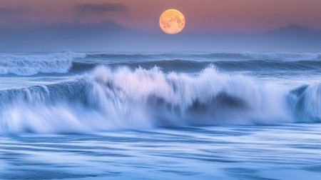 A breathtaking scene of powerful waves crashing against the shore illuminated by a full moon, capturing the tranquil beauty of nature at dusk.の素材