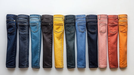 A vibrant display of colorful jeans lined up on a neutral surface, showcasing different shades and styles perfect for casual wear or fashion collections.の素材