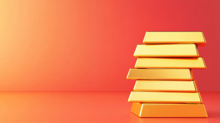 A visually striking composition featuring stacked gold bars against a vibrant orange gradient background, representing luxury and financial success.の素材