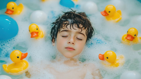 A serene moment captures a young boy peacefully relaxing in a bubble-filled bathtub with cheerful rubber ducks floating around him.の素材