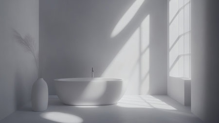 A tranquil minimalist bathroom featuring a contemporary bathtub illuminated by gentle natural light, perfect for relaxation and peaceful retreat aesthetics.の素材