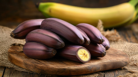 A vibrant arrangement of fresh purple bananas on a rustic wooden board, showcasing their unique color and texture. Perfect for food lovers and photography.の素材