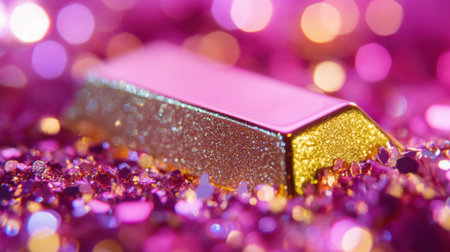 A captivating gold bar glimmers amid colorful glitter and bokeh lights, creating a vibrant and festive atmosphere that symbolizes luxury and celebration.の素材