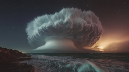 A breathtaking view of majestic storm clouds looming over a tranquil seascape at twilight, highlighted by dramatic lighting and atmospheric effects.の素材