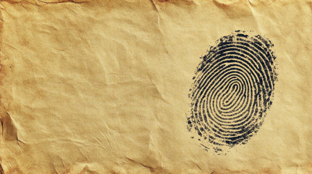 This image showcases a vintage styled old paper background featuring a distinct black fingerprint imprint. Ideal for creative projects, it conveys themes of identity, security, and uniqueness.の素材