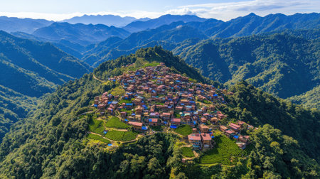 This breathtaking aerial view captures a serene mountain village nestled amidst lush greenery, creating a peaceful and picturesque landscape.の素材
