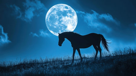 A serene image showcasing a horse silhouette against a luminous full moon. The tranquil night landscape embodies beauty and peace, ideal for various creative projects.の素材