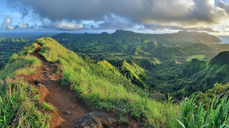 Breathtaking view from a mountain trail showcases a lush green valley and rolling hills under a dynamic sky, inviting outdoor exploration and adventure.の素材