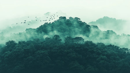This image captures the beauty of a misty morning in a lush green forest, where birds gracefully soar over a tranquil landscape, evoking feelings of peace.の素材