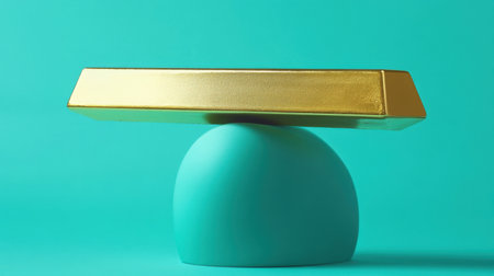 A sleek gold bar balances expertly on a smooth turquoise base, showcasing a striking minimalistic design suitable for art or decor themes.の素材
