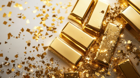 Gold bars radiate luxury, surrounded by bright confetti, creating an elegant and festive atmosphere. Perfect for themes of wealth and celebration.の素材