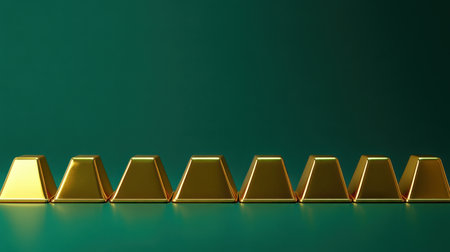 A stunning arrangement of gold bars displayed on a smooth green surface, evoking feelings of luxury and financial prosperity in a minimalist design.の素材