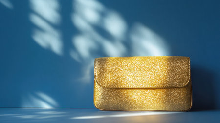 This captivating image features a shimmering gold clutch resting against a blue background, enhanced by soft shadows and reflections, perfect for fashion lovers.の素材
