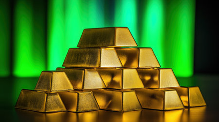 A stunning arrangement of gleaming gold bars stacked attractively, reflecting light against a vivid green backdrop, symbolizing wealth and luxury.の素材