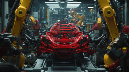 This vibrant image depicts a dynamic assembly line in a modern automotive factory, showcasing robotic arms working efficiently to produce red car frames. The intricate technology and innovative processes highlight the future of manufacturing.の素材