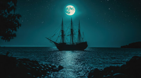 A captivating scene featuring a tall ship silhouetted against a brilliant moonlight on a serene sea. Stars twinkle above, creating a dreamy ambiance perfect for adventure and exploration.の素材