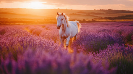 A stunning white horse gallops through vibrant lavender fields, capturing the essence of freedom and tranquility under a warm sunset sky.の素材