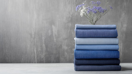 A stunning display of neatly stacked blue fabrics with a delicate flower arrangement in a vase, set against a textured gray background, evoking calmness.の素材