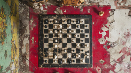 An abandoned chessboard sits covered in dust and surrounded by debris, showcasing a vintage atmosphere with peeling paint and forgotten history.の素材