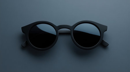 This image showcases stylish round black sunglasses placed on a smooth dark background. Ideal for fashion, accessory promotion, and editorial use.の素材