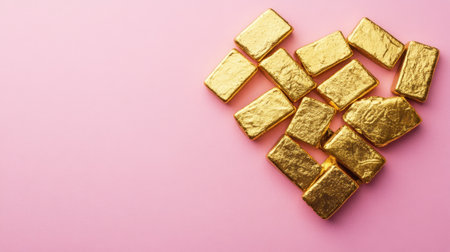 This captivating image features an arrangement of golden chocolate bars shaped into a heart on a playful pink background, perfect for romantic occasions or festive treats.の素材