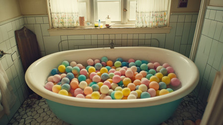 A vintage bathtub filled with an array of colorful pastel balls creates a unique focal point in this retro bathroom. The cheerful ambiance invites relaxation and playful creativity in a cozy home setting.の素材