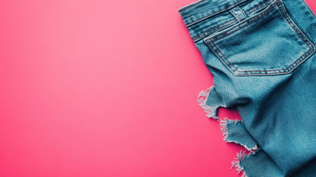 This image features a pair of stylish blue denim jeans with a torn hem, placed on a vibrant pink background, ideal for fashion and lifestyle visuals.の素材