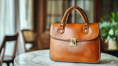 A stylish brown leather bag rests on a marble surface, showcasing exquisite craftsmanship and elegant design in a beautifully decorated interior space.の素材