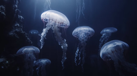 This stunning underwater scene captures a group of jellyfish gracefully floating in deep ocean waters, illuminated by soft, dreamlike lighting.の素材