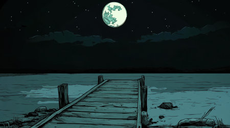 A peaceful nighttime view featuring a wooden pier extending into tranquil waters under a bright, full moon and a starry sky illuminating the scene.の素材