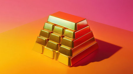 A striking arrangement of gold bars stacked in a pyramid shape against a vivid gradient background. This image represents wealth, luxury, and investment opportunities.の素材
