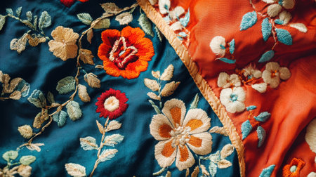 Close-up view of beautifully embroidered fabric displaying vibrant floral patterns in rich colors, highlighting intricate details and craftsmanship.の素材