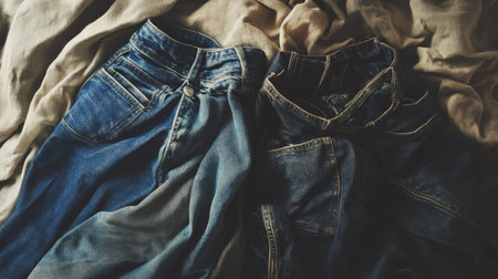 An artistic arrangement of different denim styles and colors lies on a soft, neutral background, capturing the essence of relaxed fashion and textile diversity.の素材