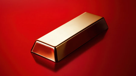 This striking image features a gleaming gold bar resting on a vibrant red background, symbolizing wealth, luxury, and prosperity. The perfect blend of elegance and artistry showcases the allure of precious metals in a modern context.の素材