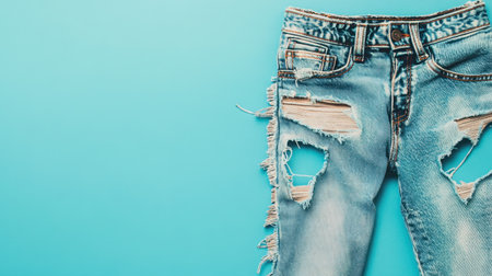 A pair of fashionable ripped denim jeans laid out on a vibrant blue background. Perfect for showcasing stylish casual wear in modern fashion photography.の素材