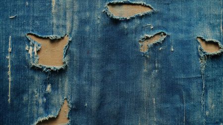 A detailed view of torn denim fabric featuring frayed edges and a rich blue color, ideal for showcasing textile imperfections and vintage charm.の素材