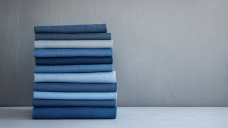 A visually appealing stack of various fabric textiles in shades of blue and gray, perfect for fashion and interior design inspiration or projects.の素材