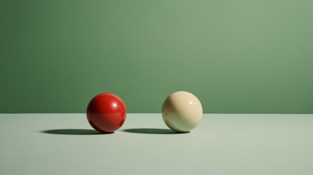 This image features two solid balls, one red and one white, placed on a smooth surface against a minimalist green backdrop, creating a striking contrast.の素材