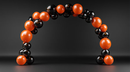 A striking balloon arch featuring vibrant orange and black spheres creates a dynamic decoration for various festive events and celebrations.の素材