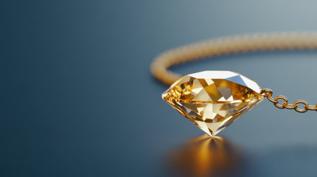 A beautiful yellow gemstone pendant hanging from a golden chain, showcasing intricate cut and shine against a dark surface, perfect for luxury jewelry displays.の素材